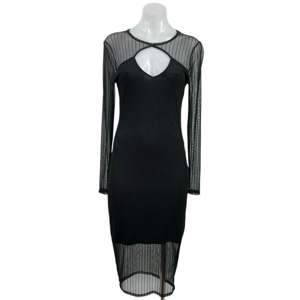 Material Girl Black Long Sleeve Mesh Cutout Layered Midi Bodycon Dress Size M